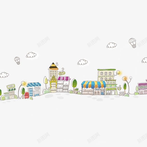 卡通房子png免抠素材_新图网 https://ixintu.com 云朵 卡通 建筑 房子 手绘 旅游季 气球 海边城市 繁华城市 绿灯