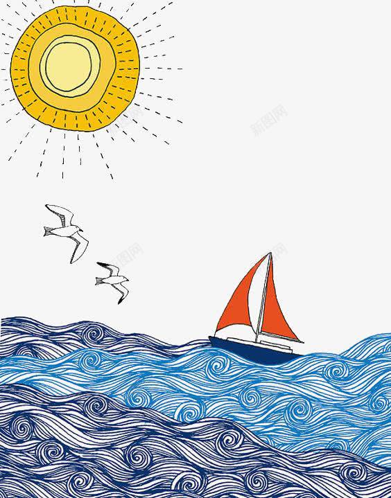 帆船png免抠素材_新图网 https://ixintu.com 创意插画 太阳 水彩插画 海洋 海鸥