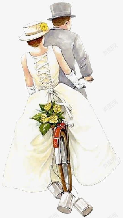 骑自行车结婚png免抠素材_新图网 https://ixintu.com 婚纱 手绘情侣 新婚 结婚 背影