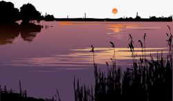 日落紫色背景夜色湖边风景高清图片