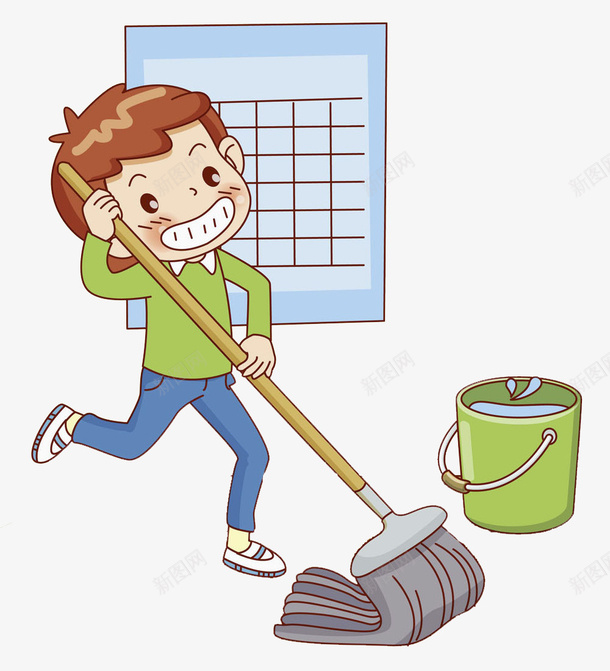 打扫卫生的男孩png免抠素材_新图网 https://ixintu.com 大扫除 学生 小男孩 帅气的 拖把 水桶 绿色的 高兴
