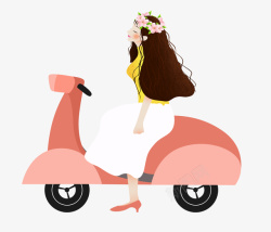 骑车美女长发女孩骑车踏青插画高清图片