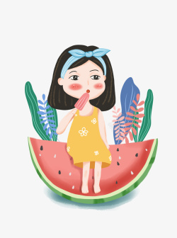 夏日西瓜上吃冰棍的小女孩素材