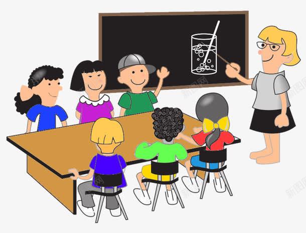 老师在给孩子上化学课png免抠素材_新图网 https://ixintu.com 学生 教鞭 科学课 黑板