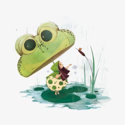 撑青蛙雨伞的女孩矢量图素材