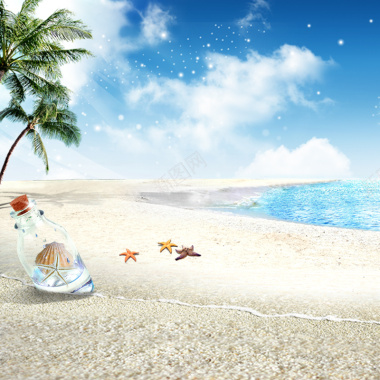 夏天的阳光沙滩上的瓶子背景