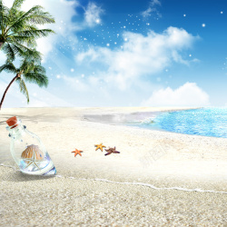 白色贝壳夏天的阳光沙滩上的瓶子高清图片