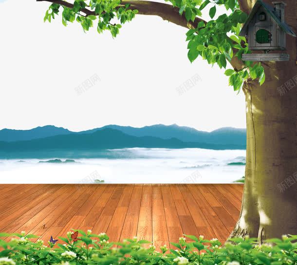 木板png免抠素材_新图网 https://ixintu.com 主图 地板 大树 小树屋 山水 木板 木纹拼接 水墨 草丛 风景画