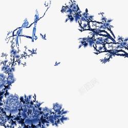 蓝色的梅花青花瓷花鸟高清图片