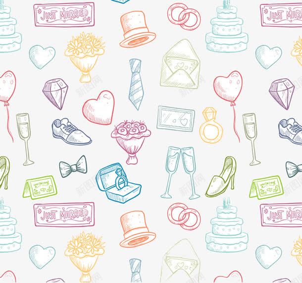 彩色婚礼元素png免抠素材_新图网 https://ixintu.com 婚礼蛋糕 手提包 捧花 爱心 蝴蝶结 钻戒 领带 香槟