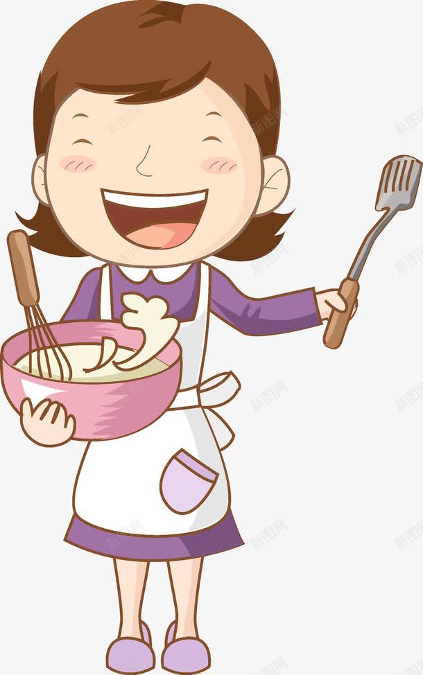 手绘做饭的女人图png免抠素材_新图网 https://ixintu.com 围裙 女人 家庭主妇 打汤 紫色的 铲子 高兴地