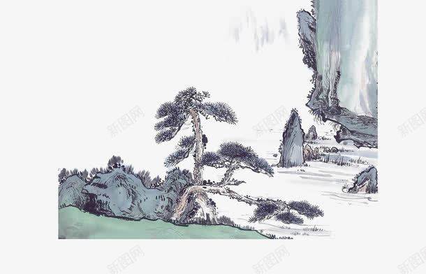 中国风元素png免抠素材_新图网 https://ixintu.com 叶子 山水画 松树 河流 石头