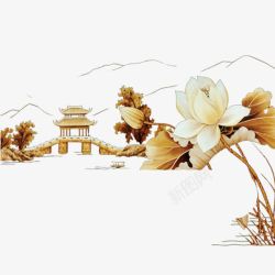 假山手绘中国风亭台高清图片