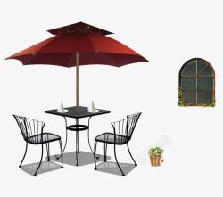 咖啡厅红色太阳伞休闲椅花盆窗口高清图片