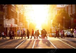 黄色马路繁华都市行人过马路黄色太阳光光效高清图片