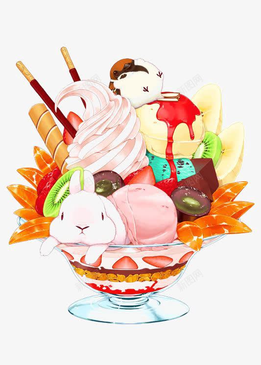 冰淇淋png免抠素材_新图网 https://ixintu.com 卡通 圣代 夏天 小兔子 手绘 水果冰淇淋 甜品