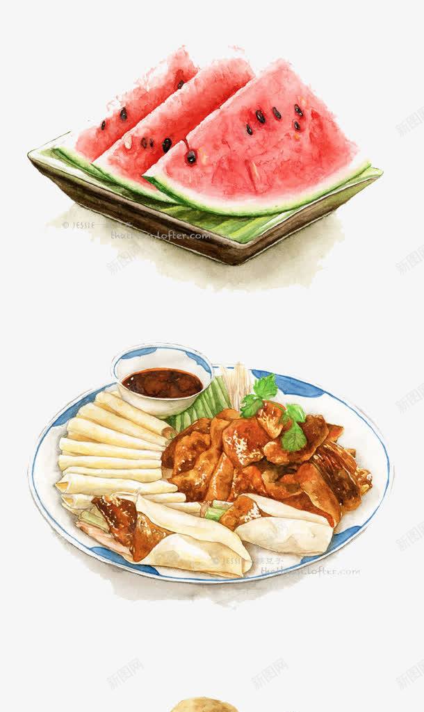 手绘美食png免抠素材_新图网 https://ixintu.com 水果 肉食 荔枝 西瓜 食物