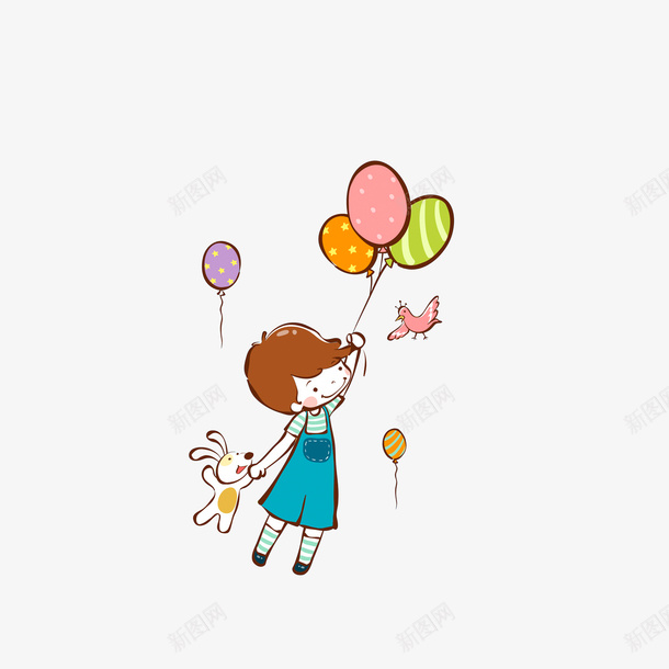 被气球带着飞的小孩和小狗psd免抠素材_新图网 https://ixintu.com 小孩和狗 小鸟 彩色气球 被气球带着飞的小孩和小狗