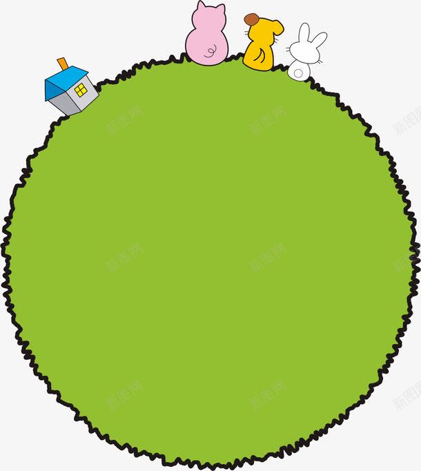 绿色草地边框png免抠素材_新图网 https://ixintu.com AI 动物 卡通 可爱 圆形 房子 手绘 线条 绿色 边框