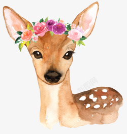 戴鲜花的小鹿手绘水彩小鹿装饰高清图片