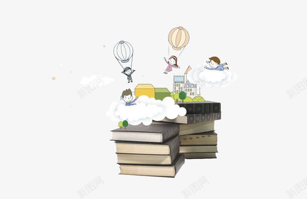书本上的天堂png免抠素材_新图网 https://ixintu.com 书中天堂 书堆 书本 书籍 创意 卡通 学习 学生 小学生 手绘 气球 热气球