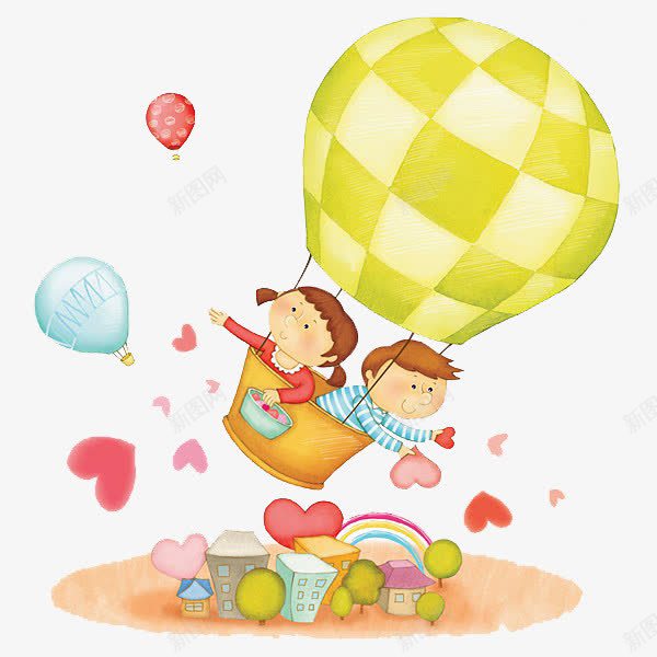 热气球里洒心png免抠素材_新图网 https://ixintu.com 卡通 孩子 洒心 热气球