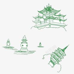 古朴建筑图片素材下载绿色清新创意手绘建筑杭州地标免高清图片