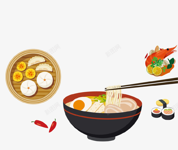 卡通手绘美食面条插画png免抠素材_新图网 https://ixintu.com 包子 卡通手绘 小龙虾 插画 碗筷 美食 辣椒 面条