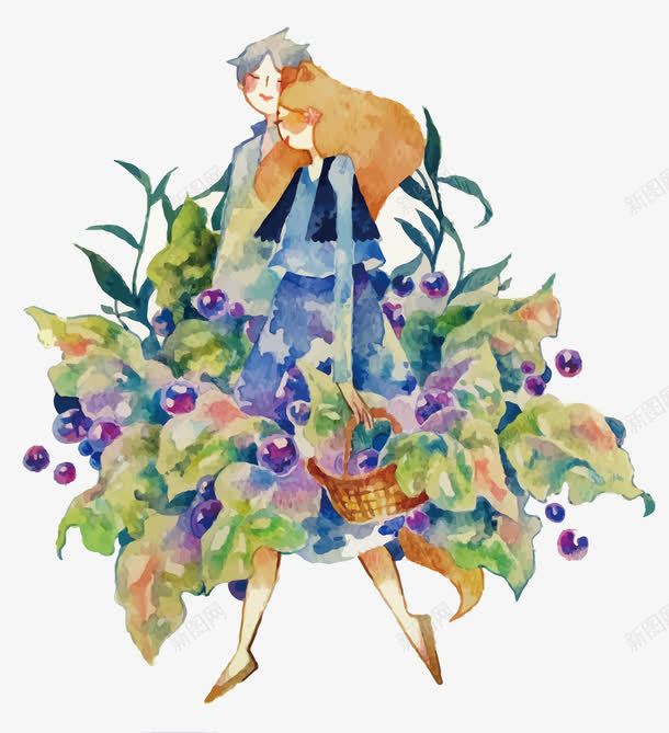 小清新插画png免抠素材_新图网 https://ixintu.com PNG PNG免费下载 PNG图片 少女 少年 情侣 手绘 插画 树叶 水彩