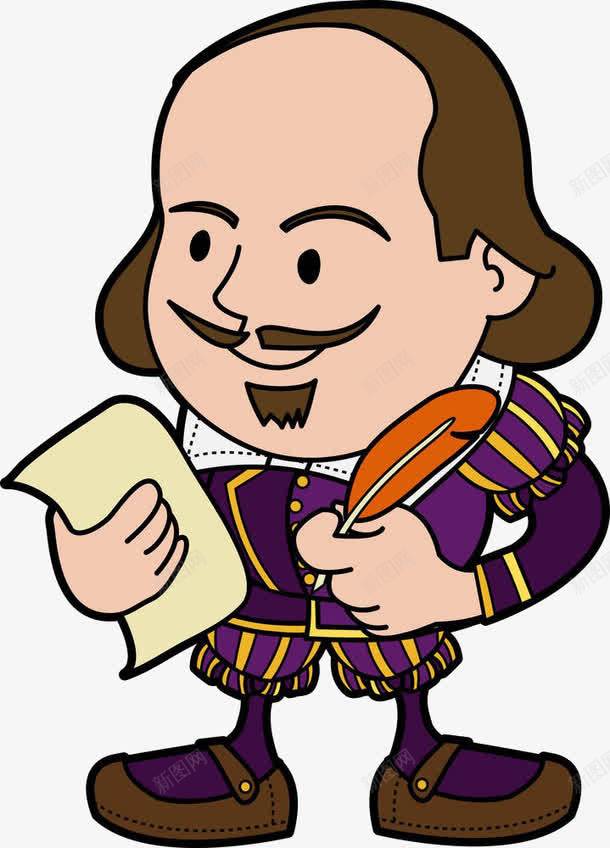 莎士比亚卡通插画png免抠素材_新图网 https://ixintu.com 人 作家 头发 拿着 插画 文化 时代 服饰 紫色 羽毛 莎士比亚