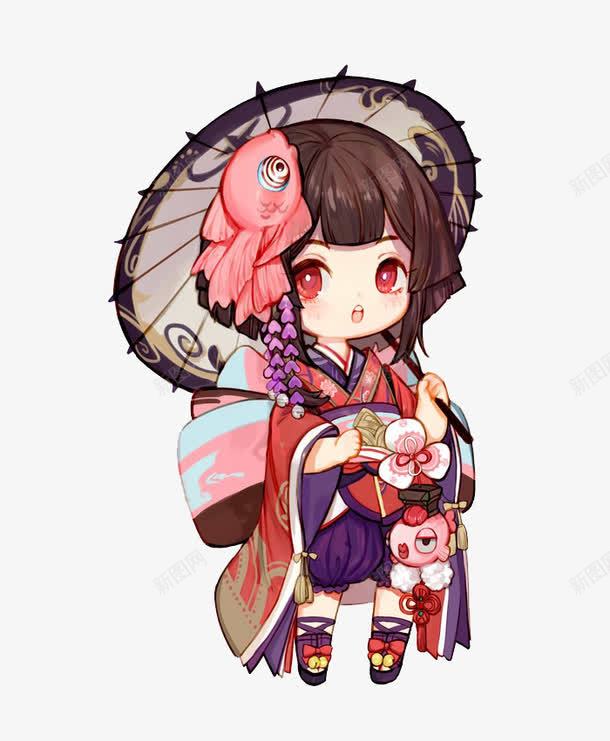 日本和服少女png免抠素材_新图网 https://ixintu.com 人物 卡通 女孩 手绘 打伞 抱娃娃 穿和服