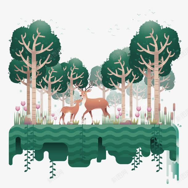 卡通森林png免抠素材_新图网 https://ixintu.com 动物 唯美 小鹿 树木 树林 森林 植物 环境 绿色植物 花丛 草丛