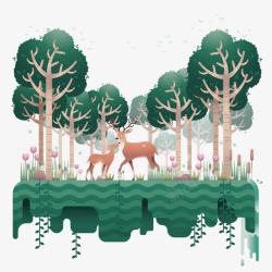 绿色的小鹿卡通森林高清图片