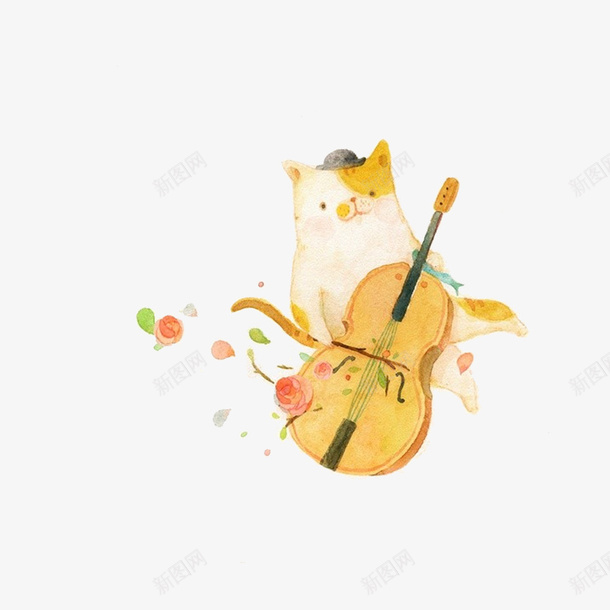 拉手提琴的可爱猫咪png免抠素材_新图网 https://ixintu.com 乐器 动物 可爱的 手提琴 手绘 水彩 猫咪