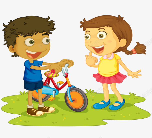卡通小孩玩耍骑自行车png免抠素材_新图网 https://ixintu.com 卡通小孩 玩游戏 玩耍 男孩骑自行车载女孩 说话交流 骑自行车 骑车