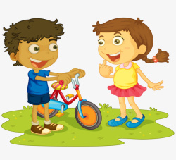说话交流卡通小孩玩耍骑自行车高清图片