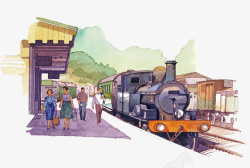 水彩手绘插图火车站站台素材