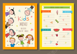 儿童餐厅菜单封面与内页矢量海报