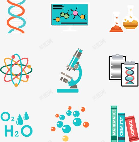 科学实验元素图标矢量图eps_新图网 https://ixintu.com 书本 分子式 化学 原子符号 图标 基因 显微镜 氧气 玻璃器皿 电脑 矢量图