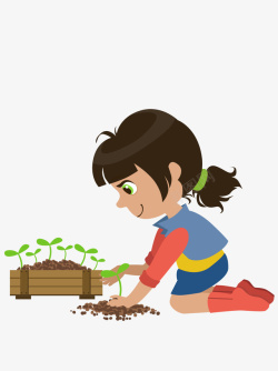 浇花的小女孩卡通小女孩种树苗高清图片
