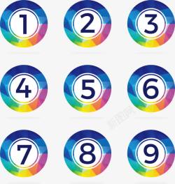 多边形按钮彩色低多边形数字1到9高清图片
