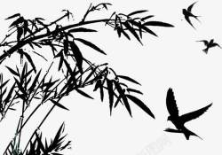 水墨河边竹林飞鸟高清图片