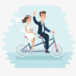 开心的新郎新娘新婚夫妇骑单车插画高清图片