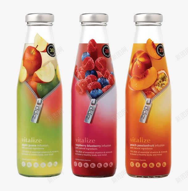 水果饮料瓶组合psd_新图网 https://ixintu.com 包装设计 橙色 水果 红色 绿色 饮品
