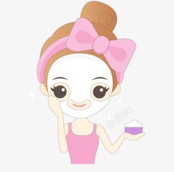 粉色面膜碗卡通手绘抹面膜的女孩高清图片