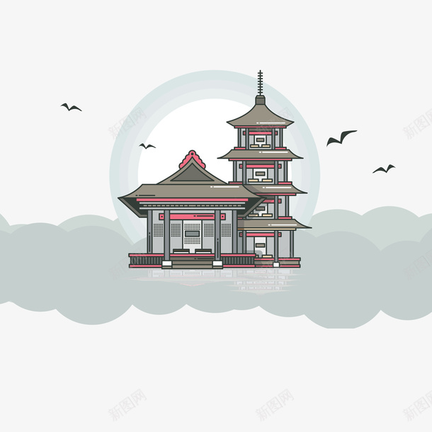 手绘线条古寺矢量图ai免抠素材_新图网 https://ixintu.com 创意 卡通插画 扁平化 日本传统文化 时尚 艺术 飞燕 矢量图