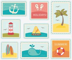 冲浪板沙滩海洋元素邮票高清图片