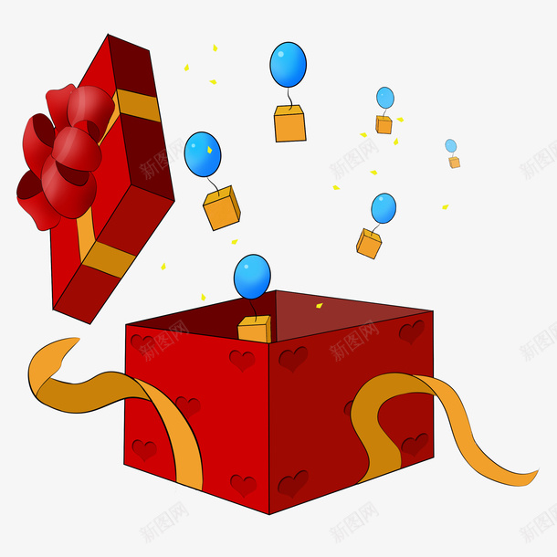 双十一双十二装满气球的礼品盒子psd免抠素材_新图网 https://ixintu.com 有创意 气球 礼品 礼品盒 红色礼盒 蓝色气球 装满气球的 黄色丝带