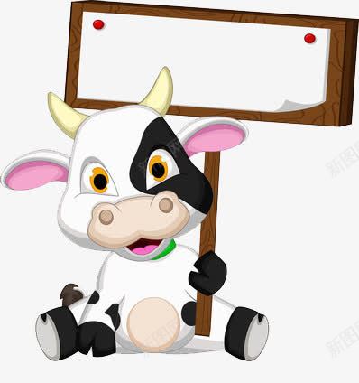 举着木牌的奶牛png免抠素材_新图网 https://ixintu.com 坐着 标牌 牛奶 黑白牛