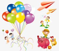 卡通彩色气球和纸飞机素材